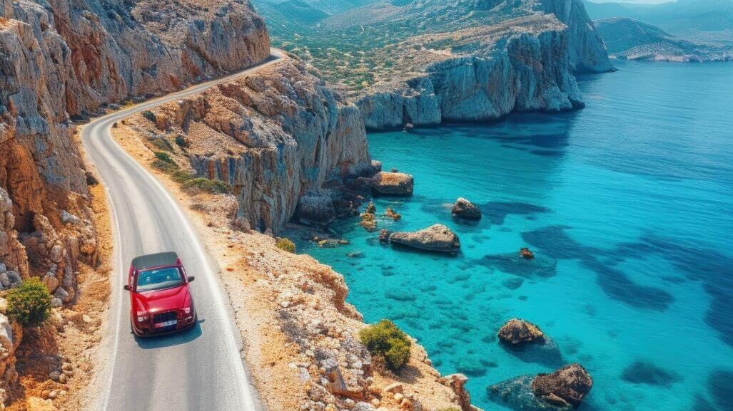 red-car-on-road-along-the-coast-of-crete